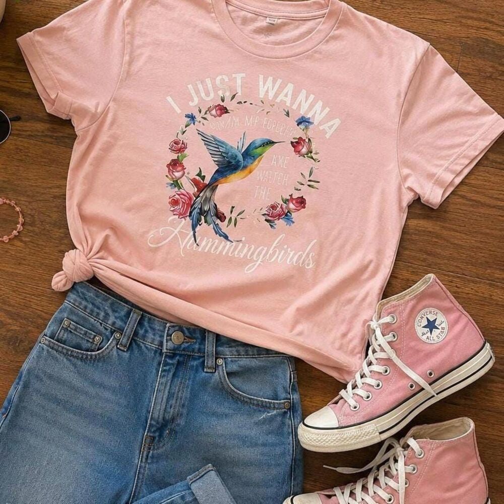 Pink Hummingbird Graphic Tee Size Large | Soft Feminine Nature Shirt | Casual Co
